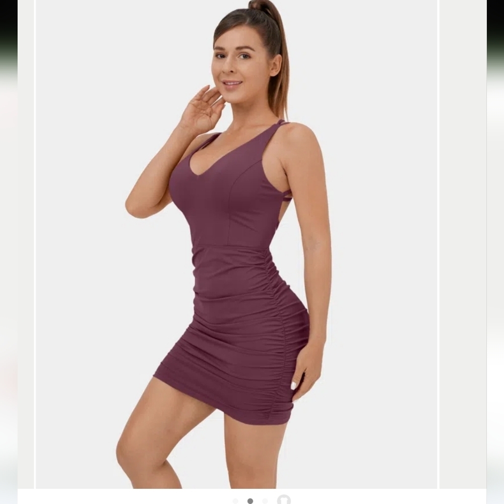 Crisscross Backless Ruched Bodycon Mini Casual Dress halara